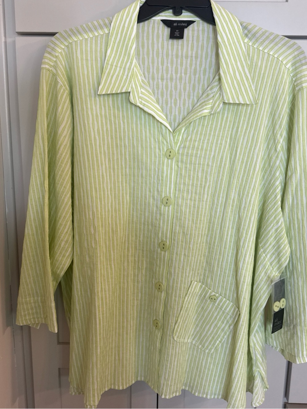 Ali Miles Womens 3X Lime Green Striped Textured Button Front Tunic Shirt NWT